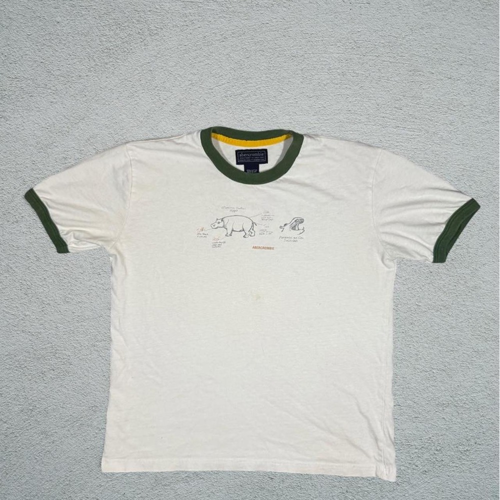 Vintage Abercrombie & Fitch Hippo Graphic Ringer T-Shirt White Green USA Made L